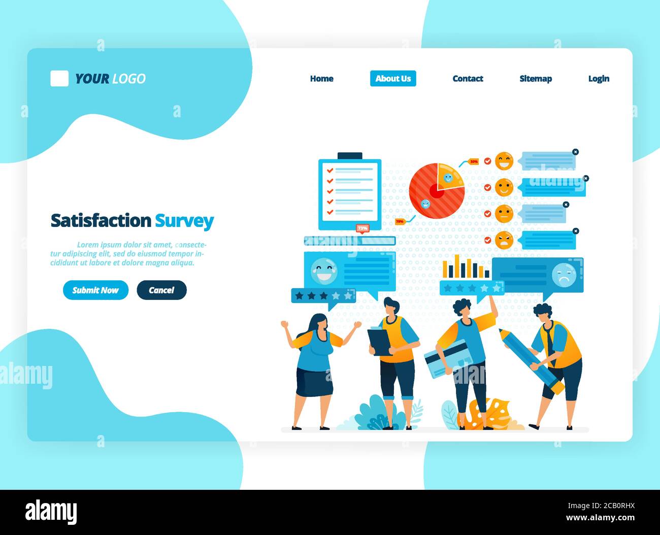 Landing-Page-Vorlage von Emoticon Zufriedenheitsumfragen. Geben Sie Bewertung und Sterne für Apps Dienste. Gutes Feedback mit Emoticons. Illustration für Banner Stock Vektor