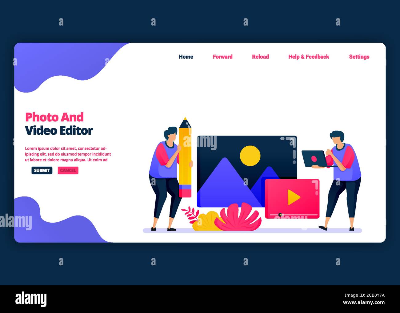 Vektor Cartoon Banner Vorlage für Video-und Foto-Bearbeitung mit Pro-Software. Landing Page und Website kreative Design-Vorlagen für Unternehmen. Kann sein Stock Vektor