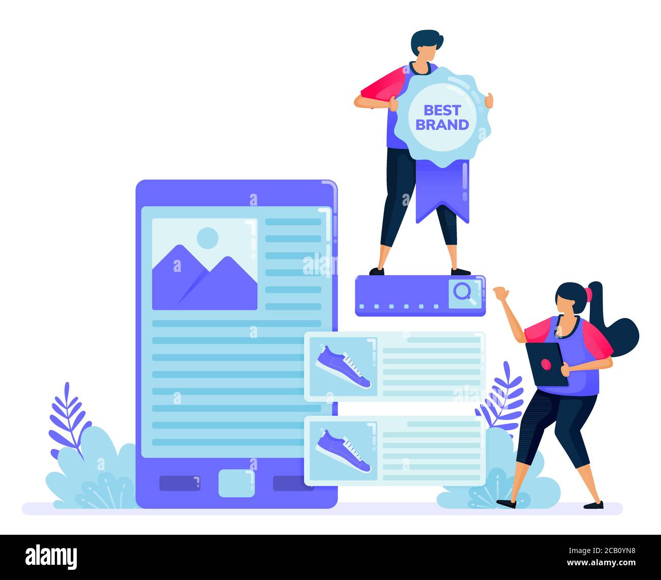 Vektor-Illustration für Look für Produktbewertungen für Einkäufe im Online-Shop. Auf der Suche nach der besten Marke auf Käufer Bewertungen. Kann für Landing Page verwendet werden, Stock Vektor