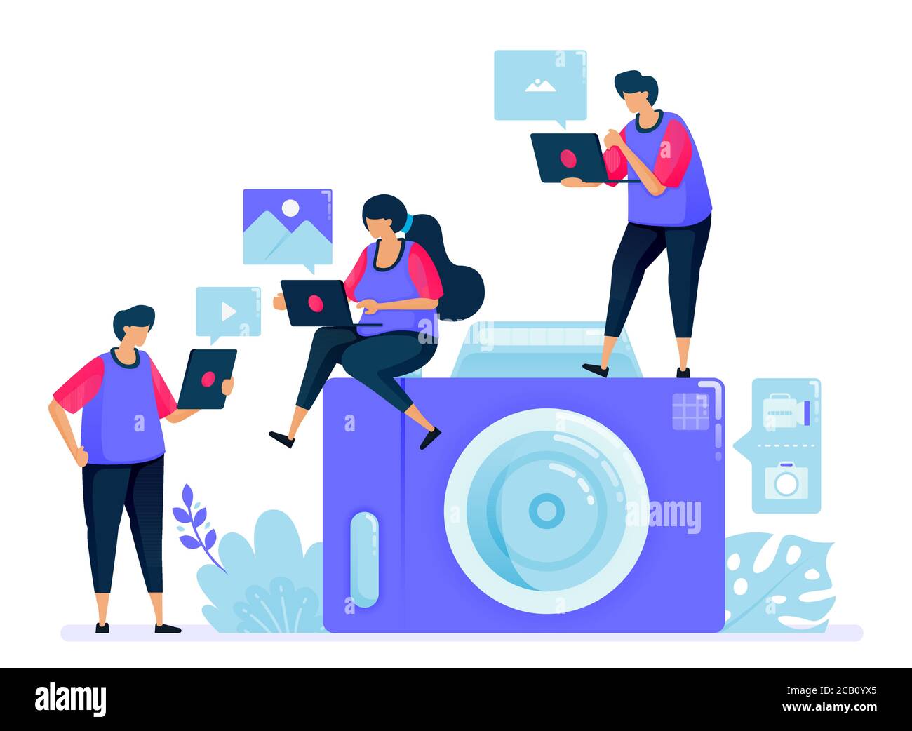 Vektorgrafik für Digitalkamera oder Taschenkamera. Einfache Cartoon-Kamera. Teilen und Versenden von Fotos untereinander. Kann für Landing Page verwendet werden Stock Vektor