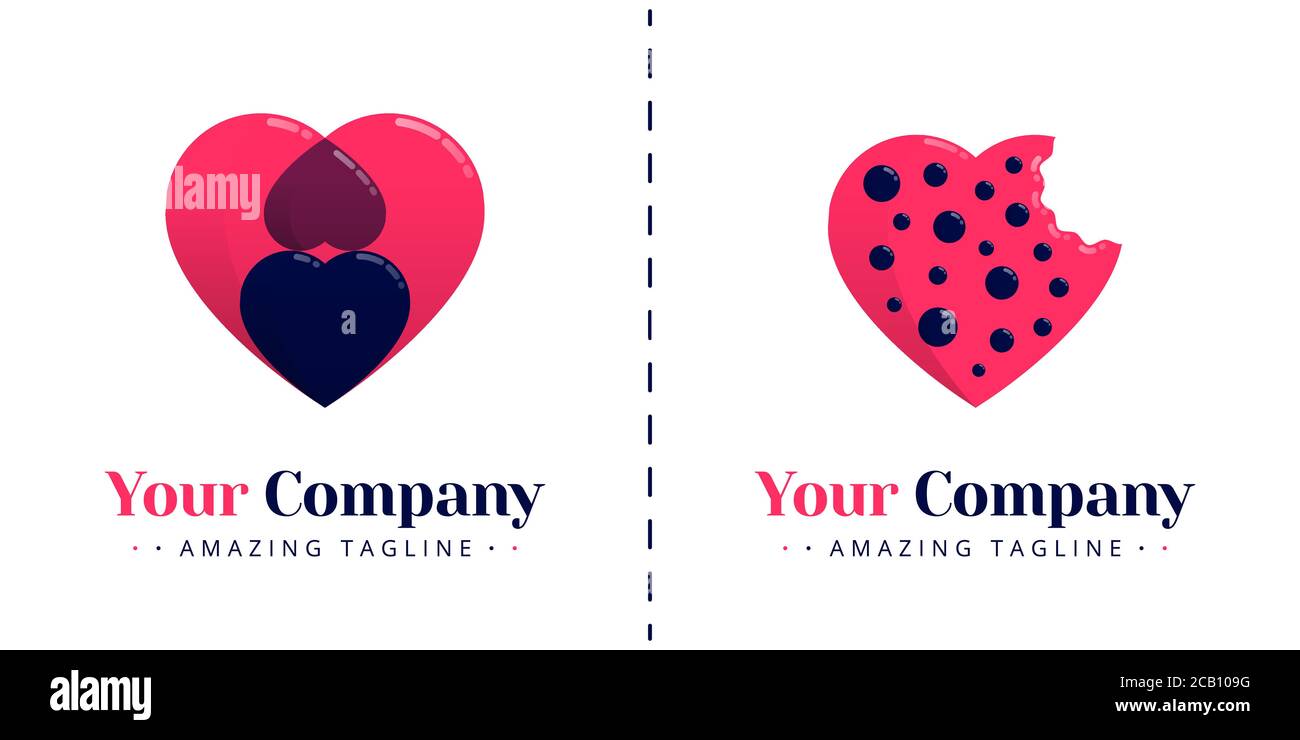 Love-Logo mit dem Thema Cookies, die mit Schokoladenstückchen gebissen wurden und das Love-Logo mit zwei entgegengesetzten Herzen in einem großen Herzen. Vorlagen ca. Stock Vektor