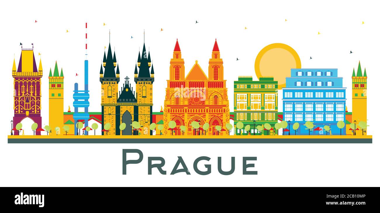 In Prag in der Tschechischen Republik die Skyline der Stadt mit Farbe Gebäude isoliert auf Weiss. Vector Illustration. Stock Vektor