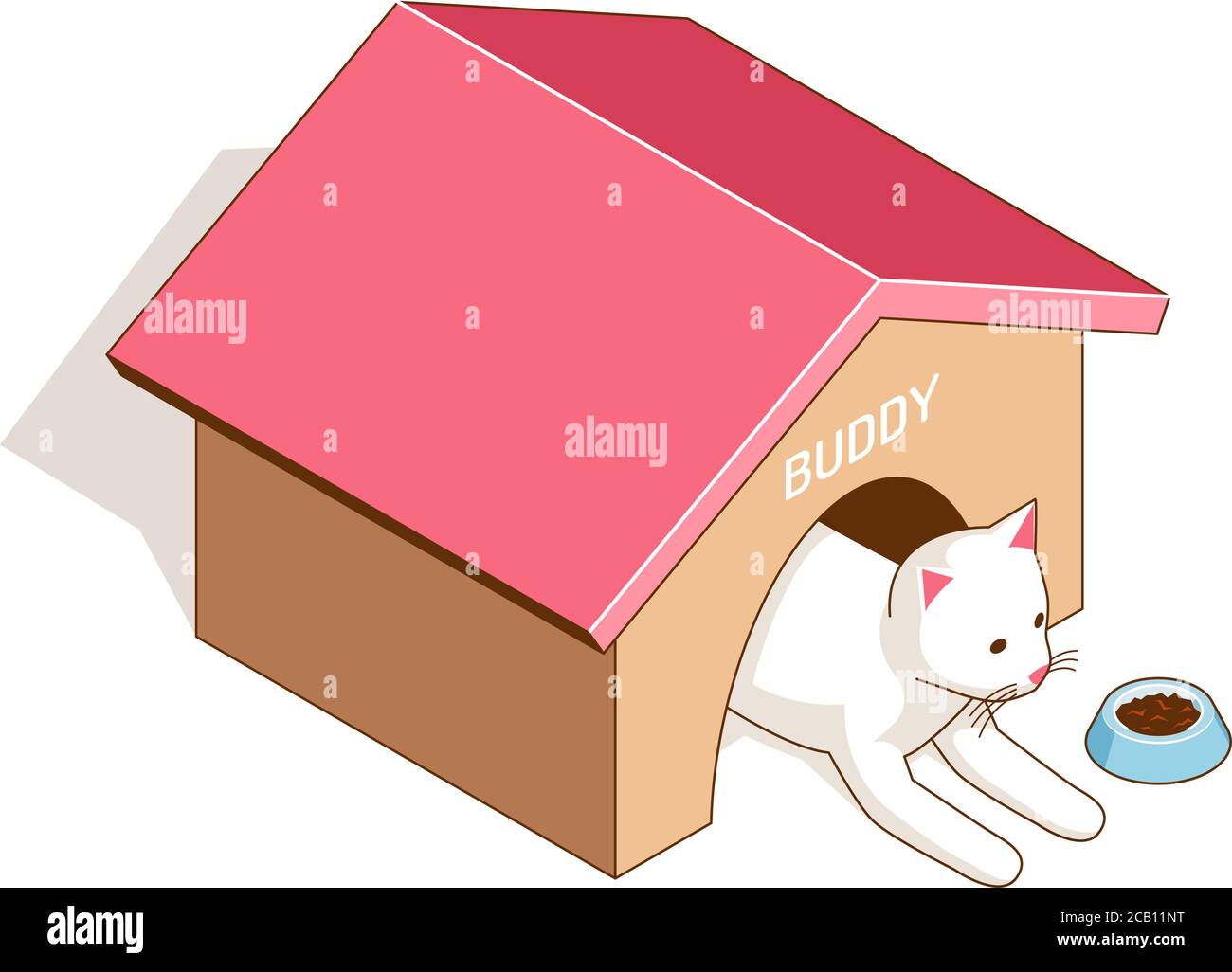 Katze sitzt im Katzenhaus vor einem Schüssel mit Lebensmitteln Stock Vektor