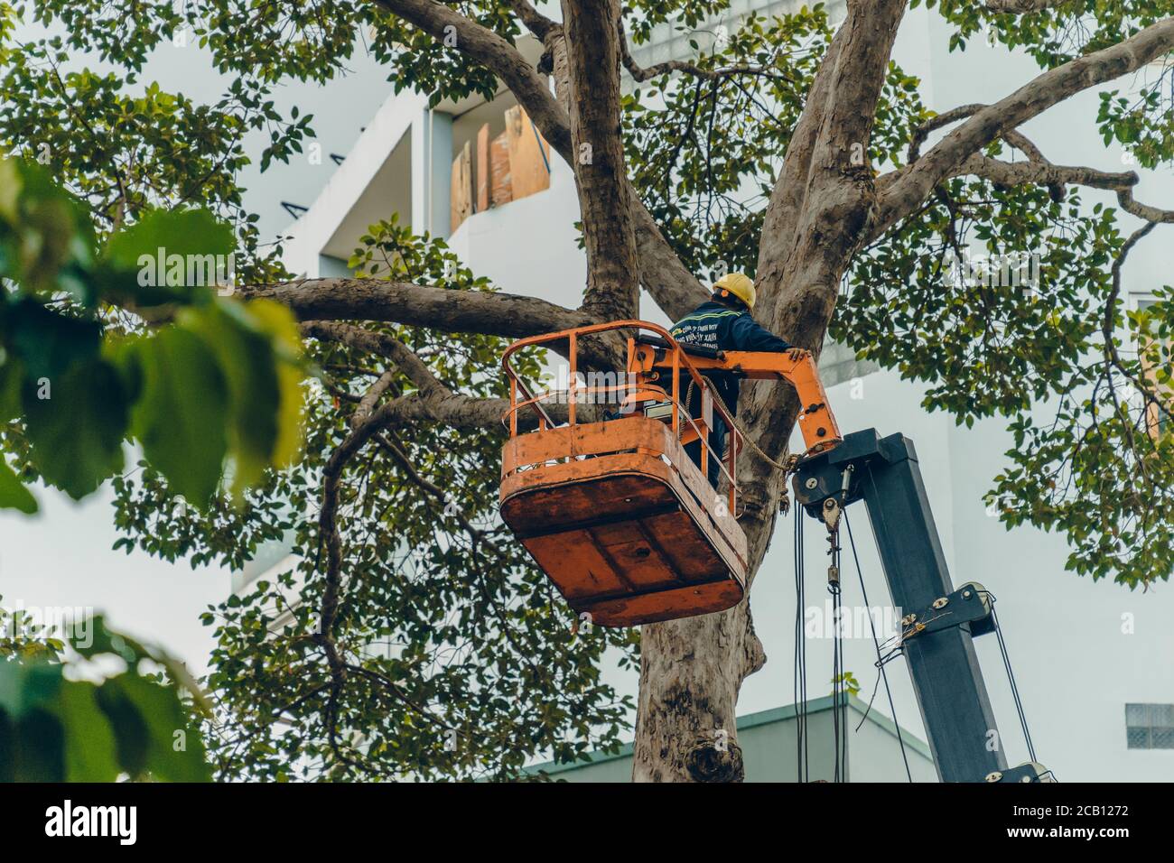 Ho Chi Minh Stadt, Vietnam - 6 Aug, 2020: Kranwagen auf der Straße für eine Gruppe von Menschen, die in Saigon, Vietnam, arbeiten vietnamesische Arbeiter auf Boom Lift zu schneiden Stockfoto