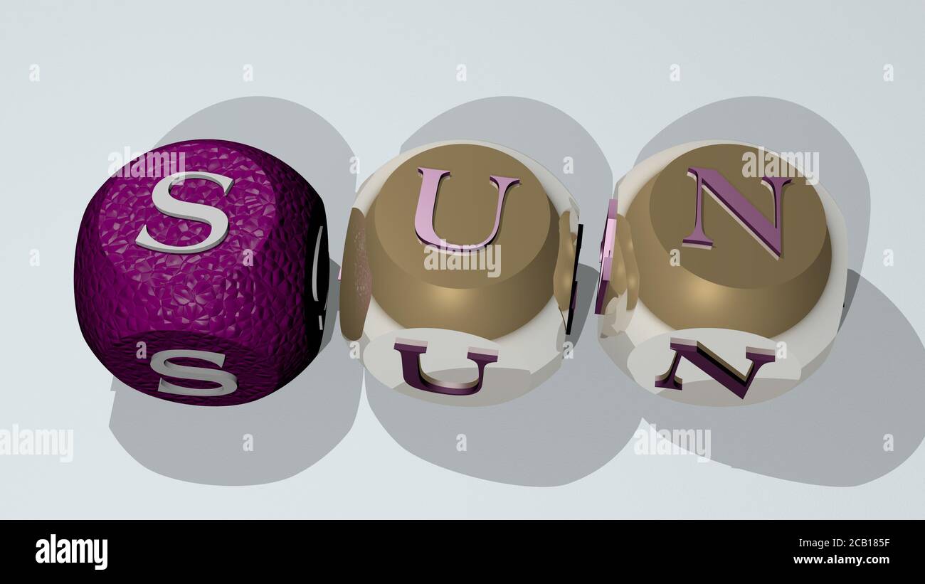 Kreuzworträtsel der SONNE angeordnet durch kubische Buchstaben auf einem Spiegelboden, Konzept Bedeutung und Präsentation. Hintergrund und Illustration. 3D-Illustration Stockfoto