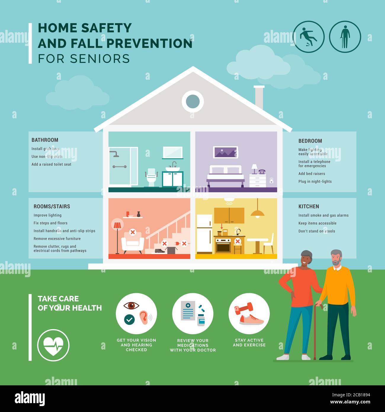 Senior Fall Prävention und sicheres Zuhause Infografik: Wie man ein Zuhause sicher für Senioren und gesunde Lifestyle-Tipps Stock Vektor