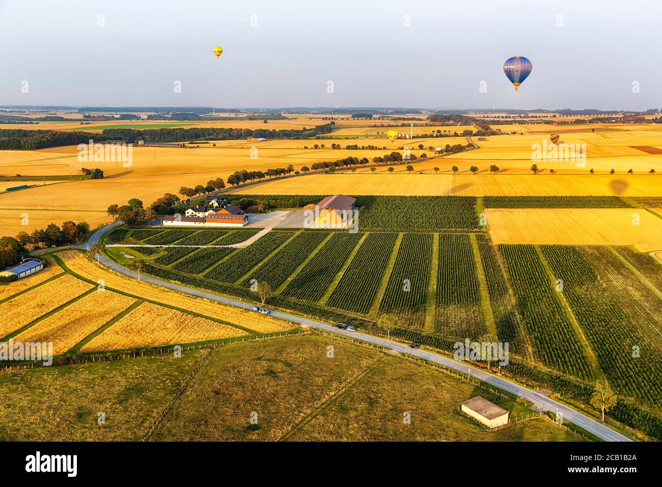 Agrarlandschaft, Luftbild, Abendstimmung, Heißluftballons landen auf Feldern, Warstein, Sauerland, Deutschland Stockfoto