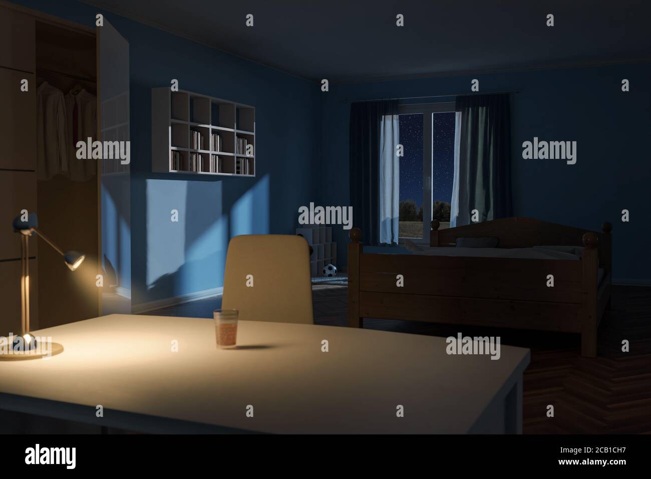 3d-Rendering von Schlafzimmer in der Nacht mit leuchtenden Schreibtischlampe Stockfoto