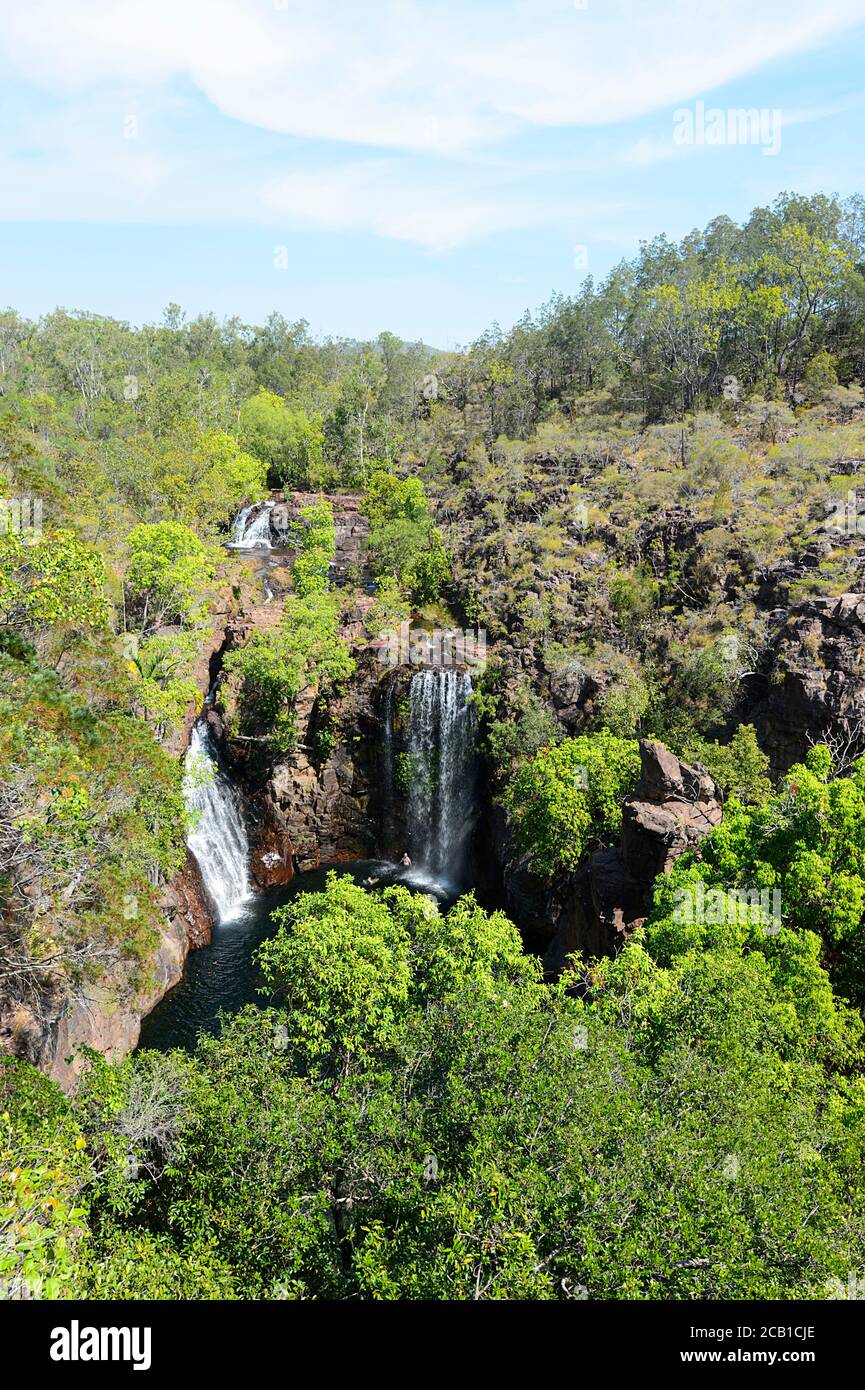 Vertikale Ansicht der beliebten Florence Falls, Litchfield National Park, in der Nähe von Darwin, Northern Territory, NT, Australien Stockfoto