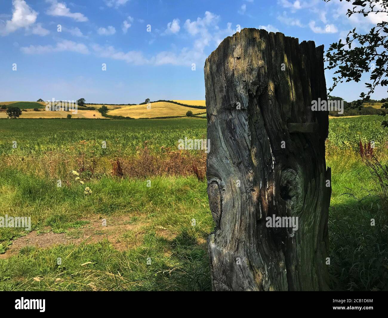 Ein alter Pfosten auf der 'Leicester Round'-Wanderroute von Stonton Wyville nach Thorpe Langton, Leicestershire. 10th. August 2020, Foto von John Robertson Stockfoto