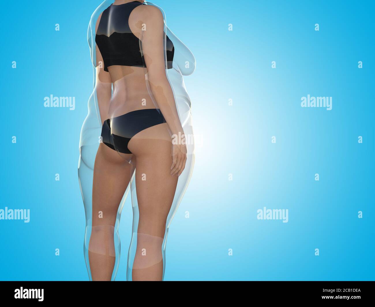 Conceptual Fat Übergewicht fettleibig weiblich vs schlank fit gesunden Körper nach der Gewichtsabnahme oder Ernährung mit Muskeln dünn junge Frau auf blau. Eine Fitness, Ernährung Stockfoto
