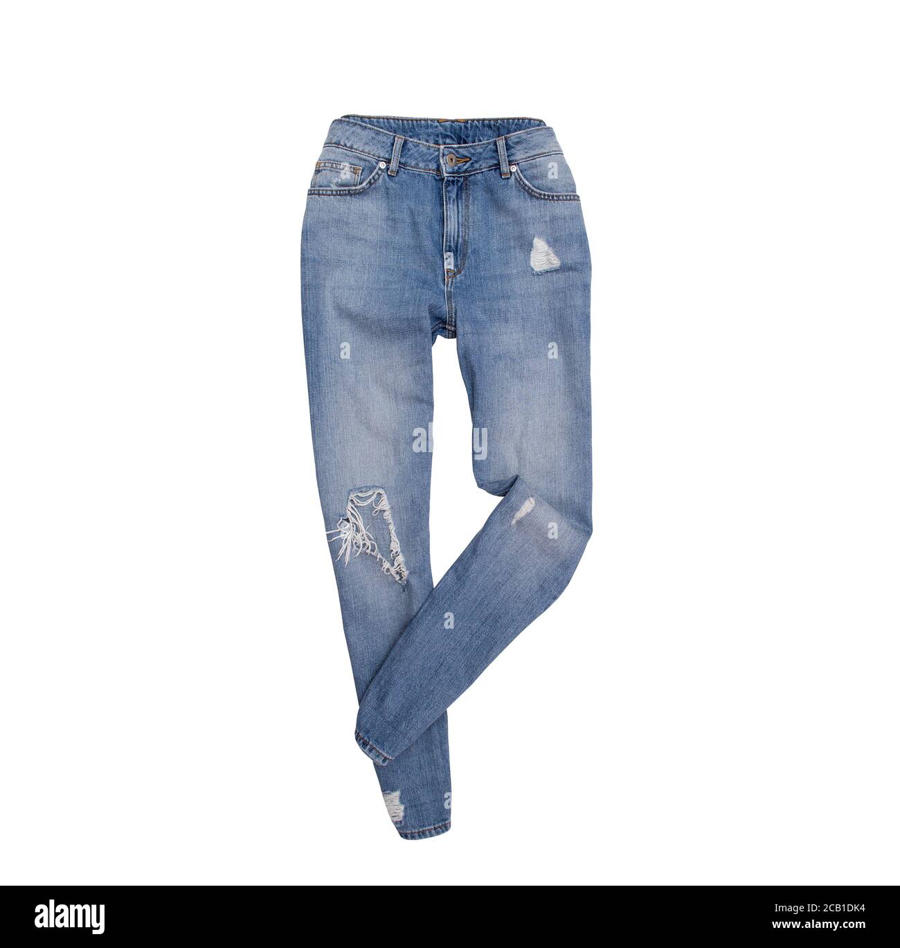 Zerlumpte blaue Jeans. Modisches Konzept. Isoliert. Weißer Hintergrund Stockfoto