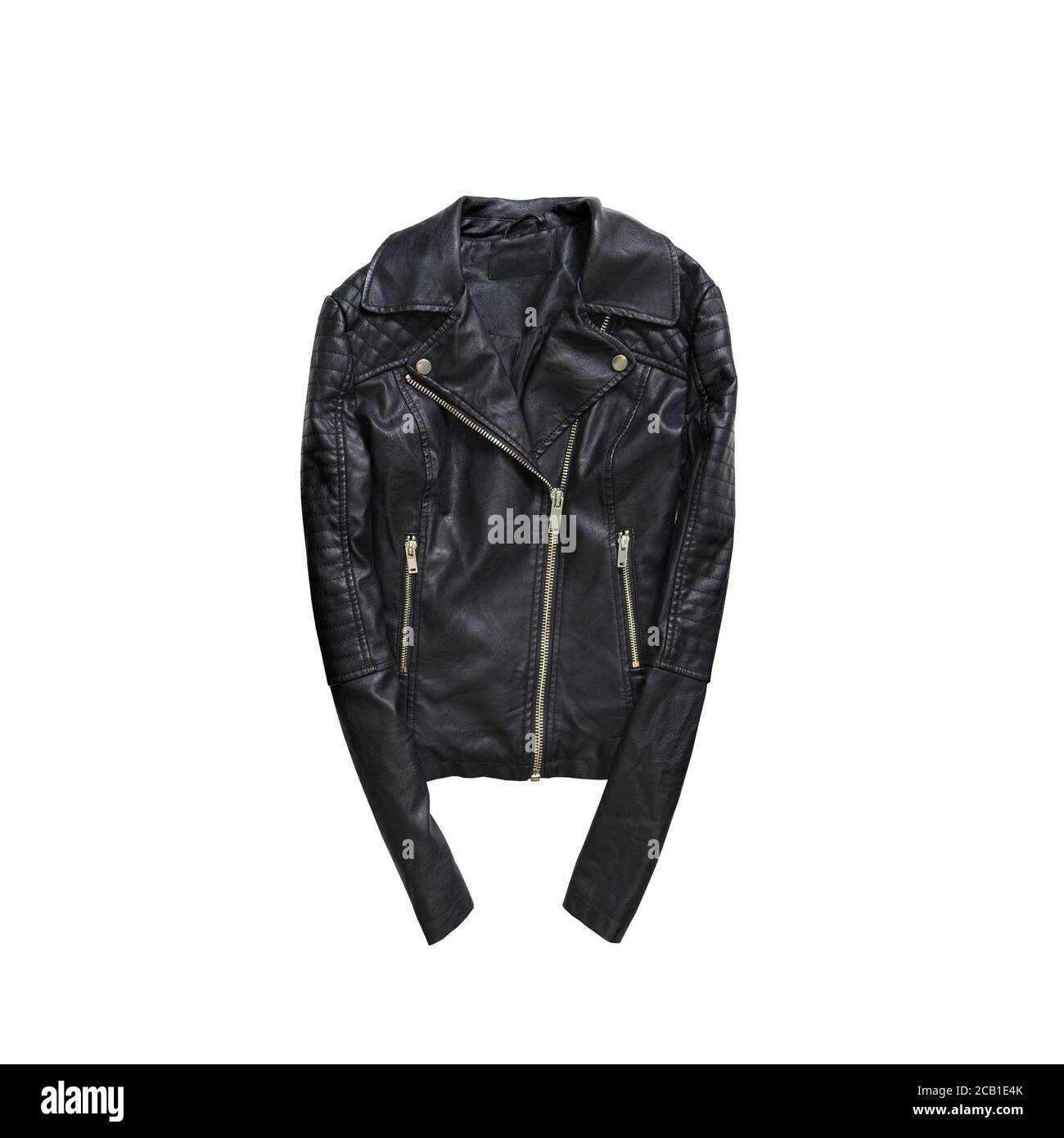 Schwarze Lederjacke. Modisches Konzept. Isoliert. Weißer Hintergrund Stockfoto