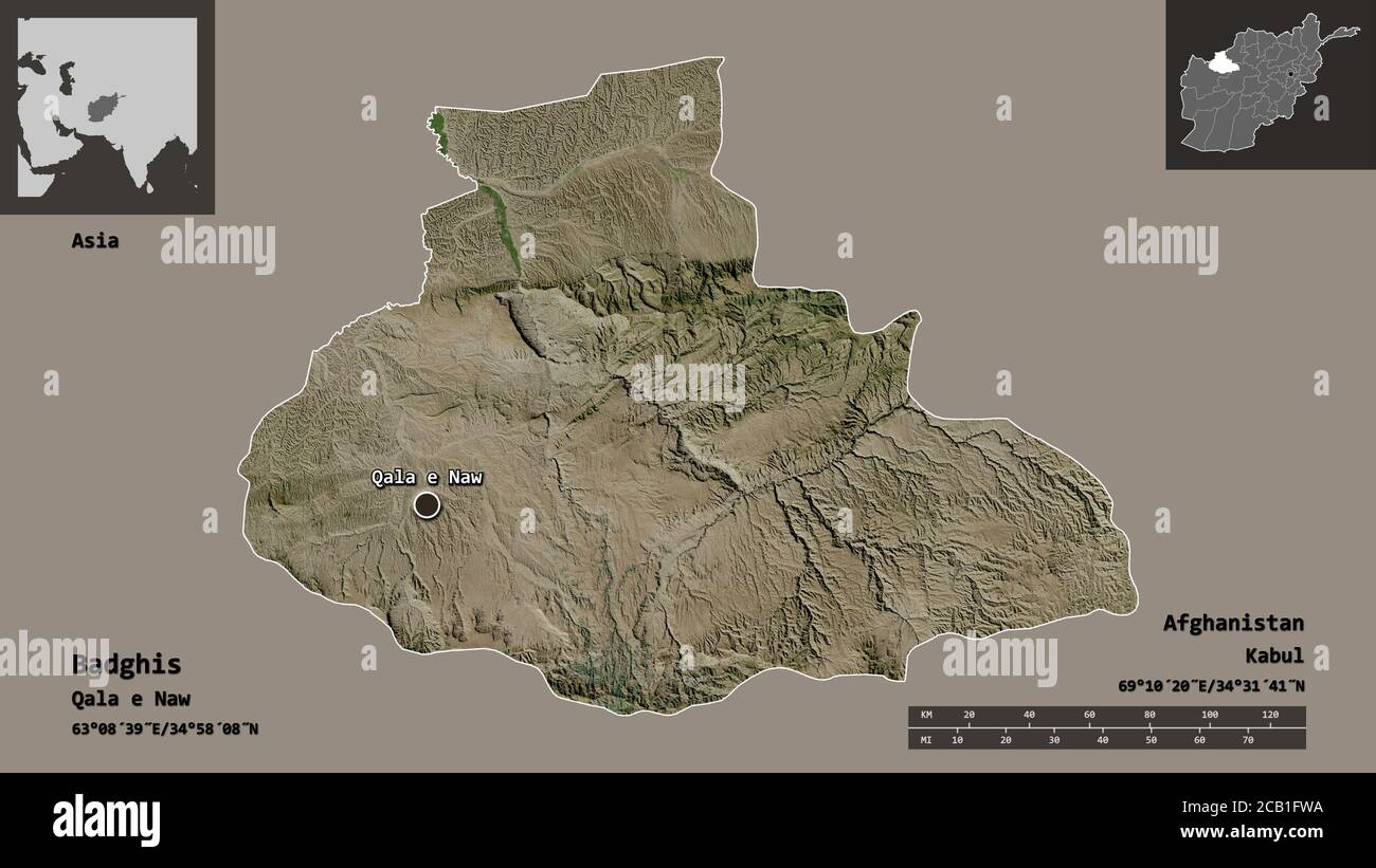 Form von Badghis, Provinz Afghanistan, und seine Hauptstadt. Entfernungsskala, Vorschauen und Beschriftungen. Satellitenbilder. 3D-Rendering Stockfoto