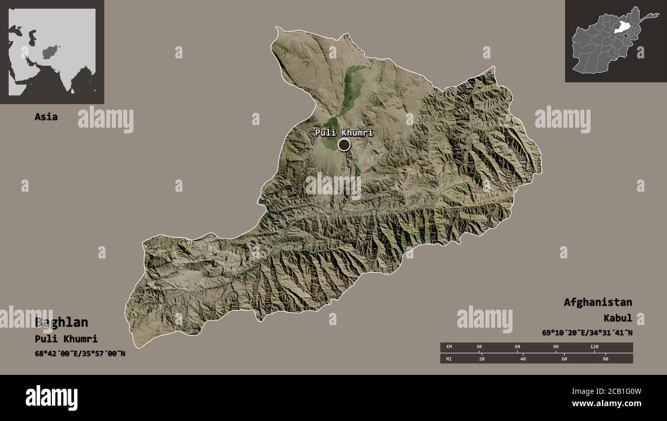 Form von Baghlan, Provinz Afghanistan, und seine Hauptstadt. Entfernungsskala, Vorschauen und Beschriftungen. Satellitenbilder. 3D-Rendering Stockfoto