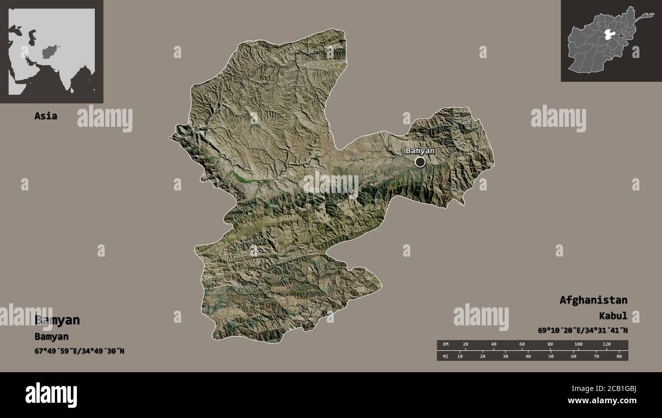 Form von Bamyan, Provinz Afghanistan, und seine Hauptstadt. Entfernungsskala, Vorschauen und Beschriftungen. Satellitenbilder. 3D-Rendering Stockfoto