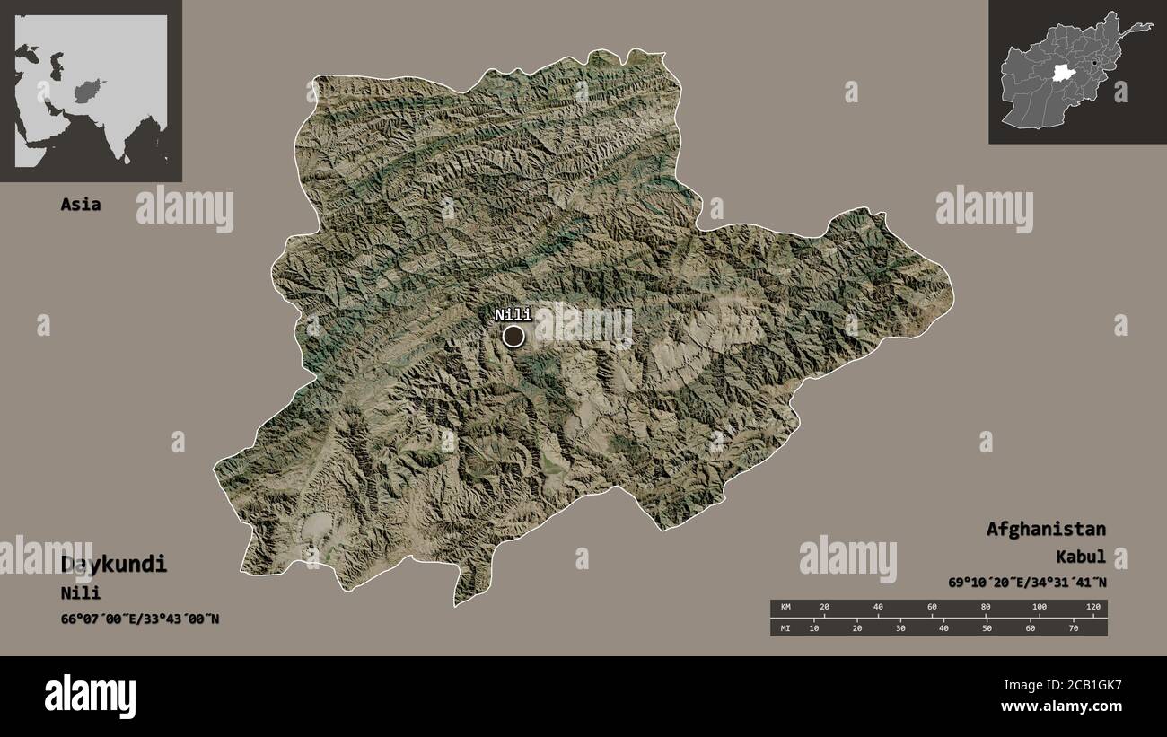 Form von Daykundi, Provinz Afghanistan, und seine Hauptstadt. Entfernungsskala, Vorschauen und Beschriftungen. Satellitenbilder. 3D-Rendering Stockfoto