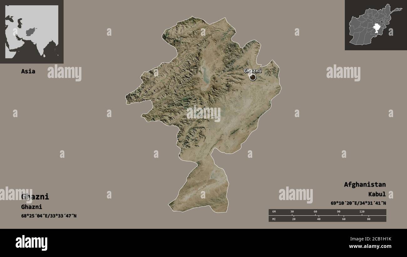 Form von Ghazni, Provinz Afghanistan, und seine Hauptstadt. Entfernungsskala, Vorschauen und Beschriftungen. Satellitenbilder. 3D-Rendering Stockfoto