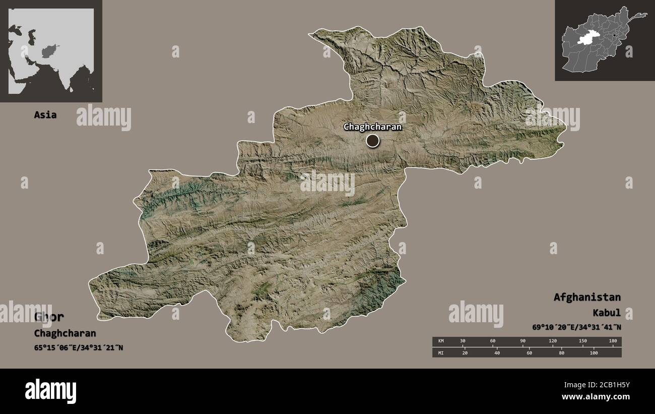Form von Ghor, Provinz Afghanistan, und seine Hauptstadt. Entfernungsskala, Vorschauen und Beschriftungen. Satellitenbilder. 3D-Rendering Stockfoto