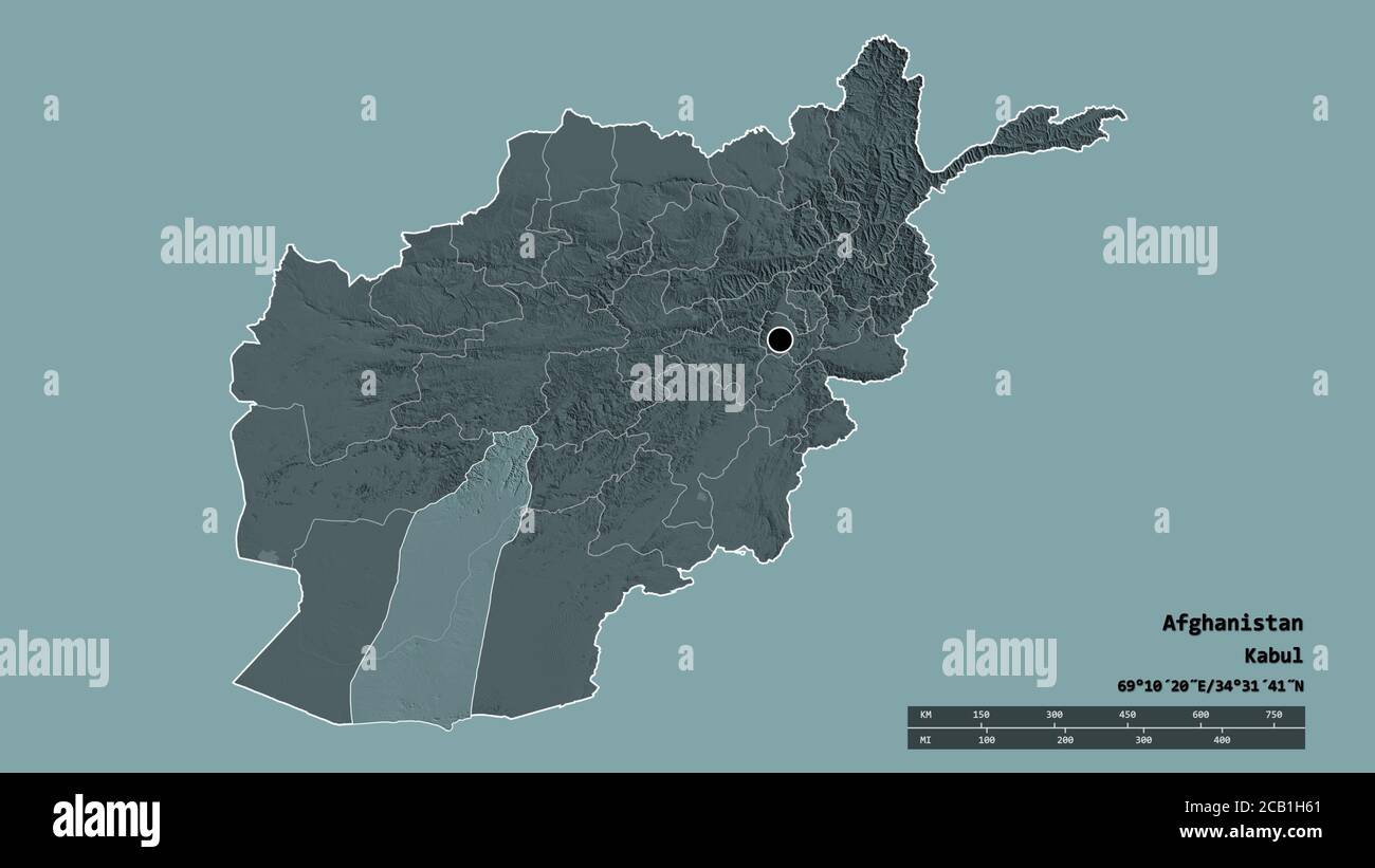 Entsättigte Form Afghanistans mit seiner Hauptstadt, der Hauptregionalteilung und dem abgetrennten Helmand-Gebiet. Beschriftungen. Farbige Höhenkarte. 3D-Rendering Stockfoto