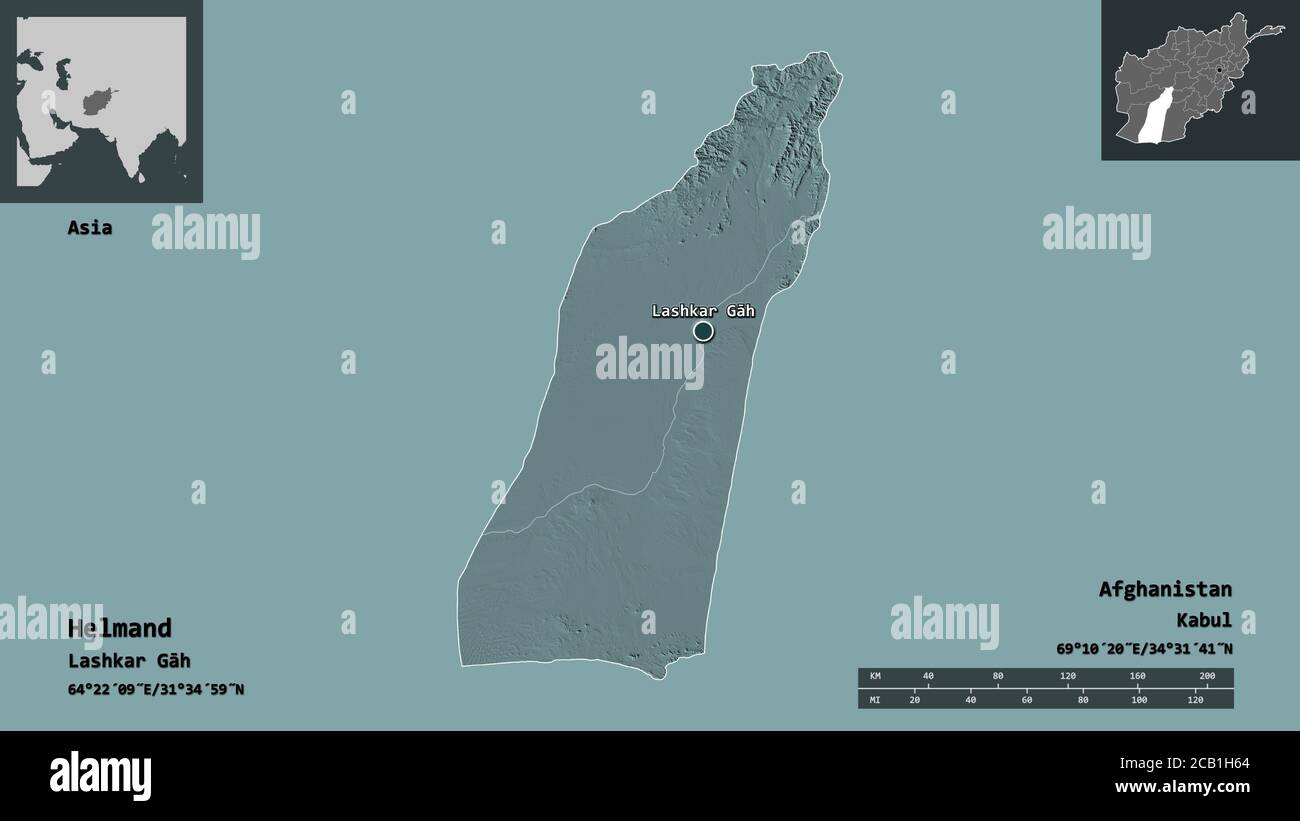 Form von Helmand, Provinz Afghanistan, und seine Hauptstadt. Entfernungsskala, Vorschauen und Beschriftungen. Farbige Höhenkarte. 3D-Rendering Stockfoto