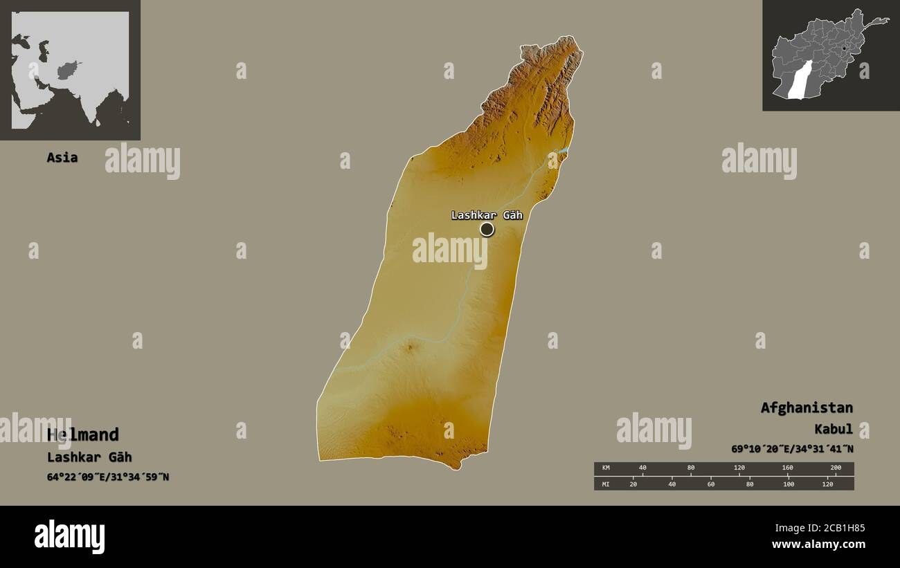 Form von Helmand, Provinz Afghanistan, und seine Hauptstadt. Entfernungsskala, Vorschauen und Beschriftungen. Topografische Reliefkarte. 3D-Rendering Stockfoto
