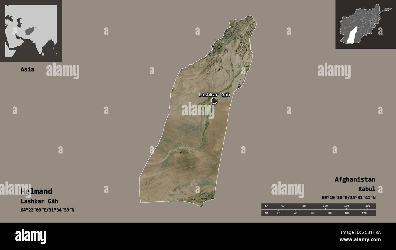 Form von Helmand, Provinz Afghanistan, und seine Hauptstadt. Entfernungsskala, Vorschauen und Beschriftungen. Satellitenbilder. 3D-Rendering Stockfoto