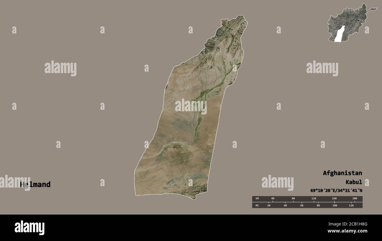 Form von Helmand, Provinz Afghanistan, mit seiner Hauptstadt isoliert auf festem Hintergrund. Entfernungsskala, Regionenvorschau und Beschriftungen. Satellitenbilder Stockfoto