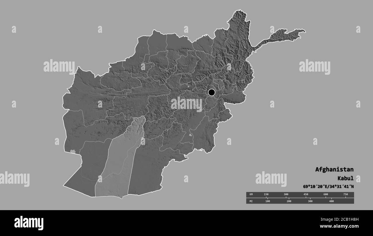 Entsättigte Form Afghanistans mit seiner Hauptstadt, der Hauptregionalteilung und dem abgetrennten Helmand-Gebiet. Beschriftungen. Höhenkarte mit zwei Ebenen. 3D-Rendering Stockfoto