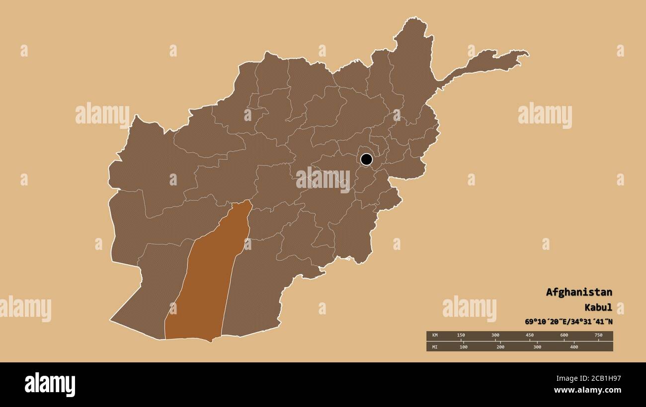 Entsättigte Form Afghanistans mit seiner Hauptstadt, der Hauptregionalteilung und dem abgetrennten Helmand-Gebiet. Beschriftungen. Komposition von gemusterten Texturen. 3 Stockfoto
