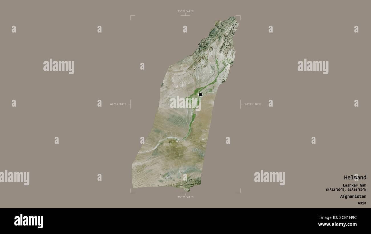Gebiet von Helmand, Provinz Afghanistan, isoliert auf einem soliden Hintergrund in einem georeferenzierten Begrenzungsrahmen. Beschriftungen. Satellitenbilder. 3D-Rendering Stockfoto