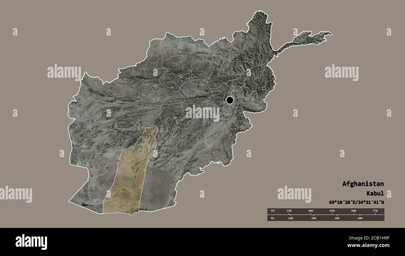 Entsättigte Form Afghanistans mit seiner Hauptstadt, der Hauptregionalteilung und dem abgetrennten Helmand-Gebiet. Beschriftungen. Satellitenbilder. 3D-Rendering Stockfoto