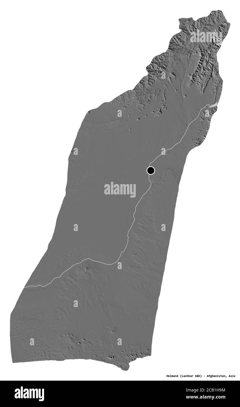 Form von Helmand, Provinz Afghanistan, mit seiner Hauptstadt isoliert auf weißem Hintergrund. Höhenkarte mit zwei Ebenen. 3D-Rendering Stockfoto
