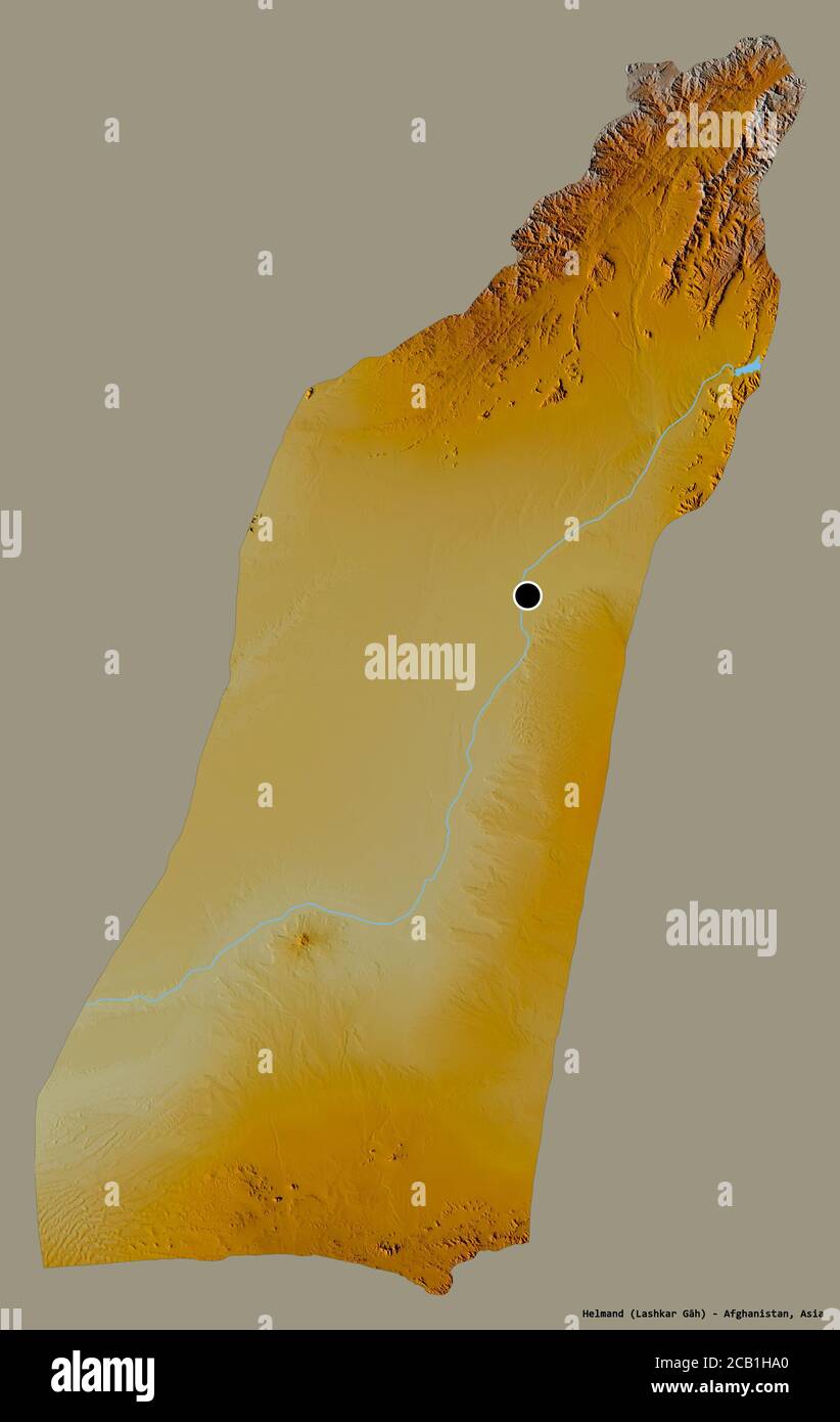 Form von Helmand, Provinz Afghanistan, mit seiner Hauptstadt isoliert auf einem einfarbigen Hintergrund. Topografische Reliefkarte. 3D-Rendering Stockfoto