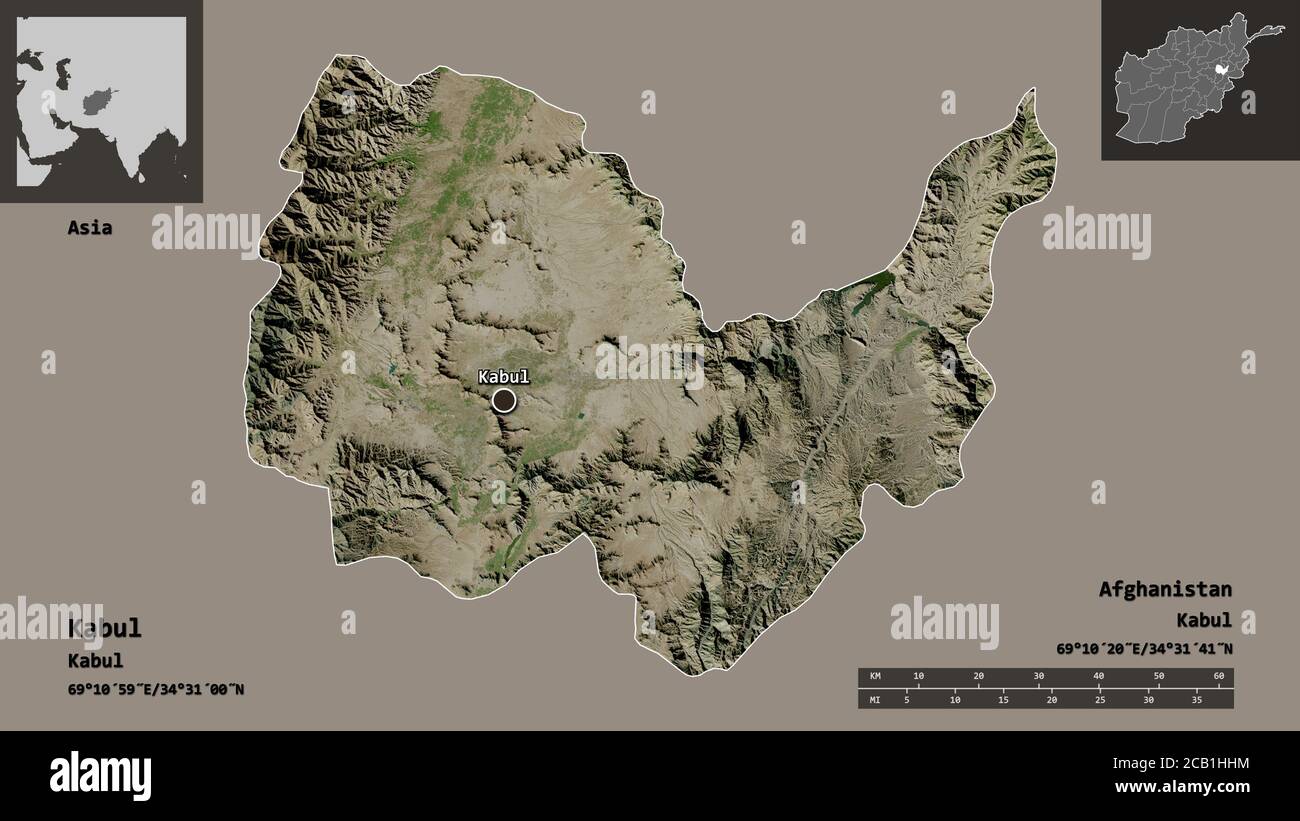 Form von Kabul, Provinz Afghanistan, und seine Hauptstadt. Entfernungsskala, Vorschauen und Beschriftungen. Satellitenbilder. 3D-Rendering Stockfoto