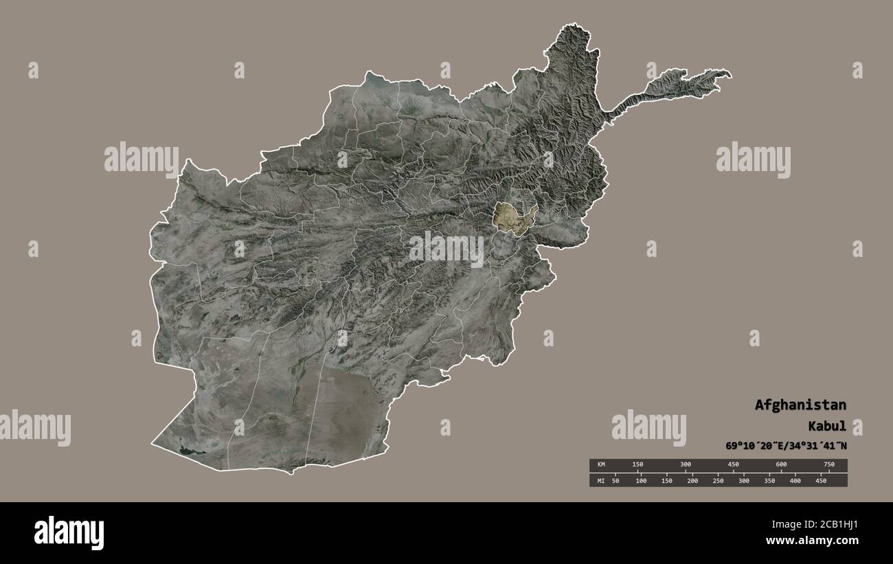 Entsättigte Form Afghanistans mit seiner Hauptstadt, der wichtigsten regionalen Teilung und dem abgetrennten Kabul-Gebiet. Beschriftungen. Satellitenbilder. 3D-Rendering Stockfoto