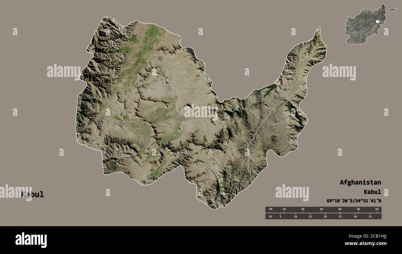 Form von Kabul, Provinz Afghanistan, mit seiner Hauptstadt auf festem Hintergrund isoliert. Entfernungsskala, Regionenvorschau und Beschriftungen. Satellitenbilder. Stockfoto