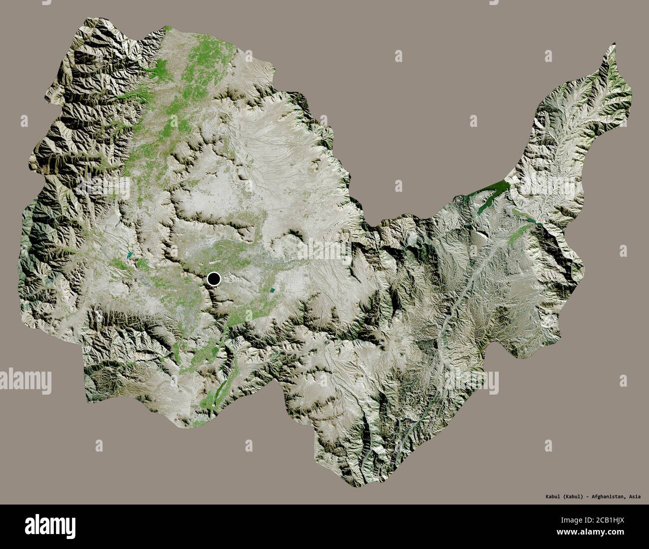 Form von Kabul, Provinz Afghanistan, mit seiner Hauptstadt isoliert auf einem einfarbigen Hintergrund. Satellitenbilder. 3D-Rendering Stockfoto