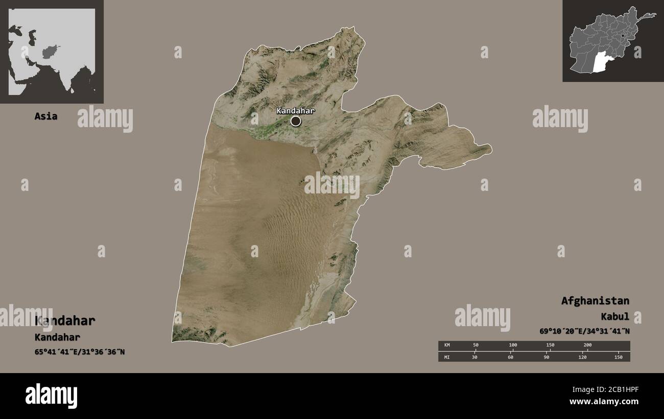 Form von Kandahar, Provinz Afghanistan, und seine Hauptstadt. Entfernungsskala, Vorschauen und Beschriftungen. Satellitenbilder. 3D-Rendering Stockfoto