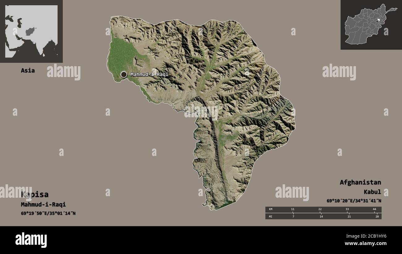 Form von Kapisa, Provinz Afghanistan, und seine Hauptstadt. Entfernungsskala, Vorschauen und Beschriftungen. Satellitenbilder. 3D-Rendering Stockfoto