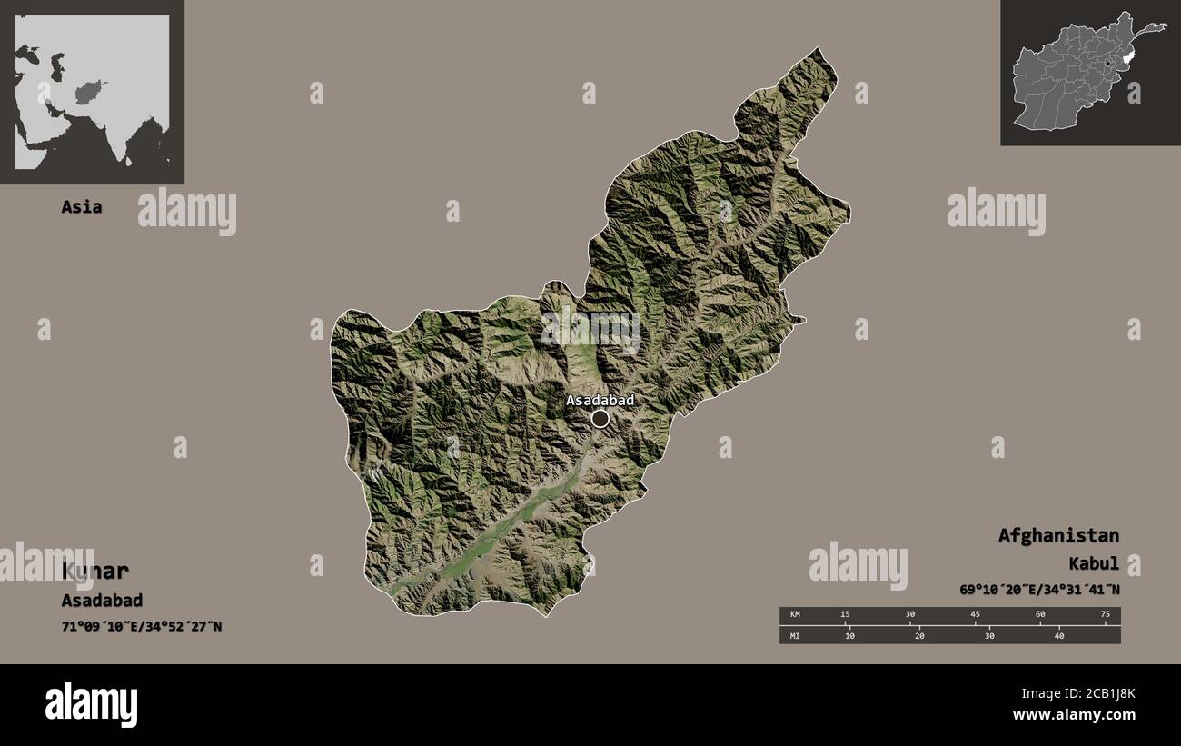 Form von Kunar, Provinz Afghanistan, und seine Hauptstadt. Entfernungsskala, Vorschauen und Beschriftungen. Satellitenbilder. 3D-Rendering Stockfoto