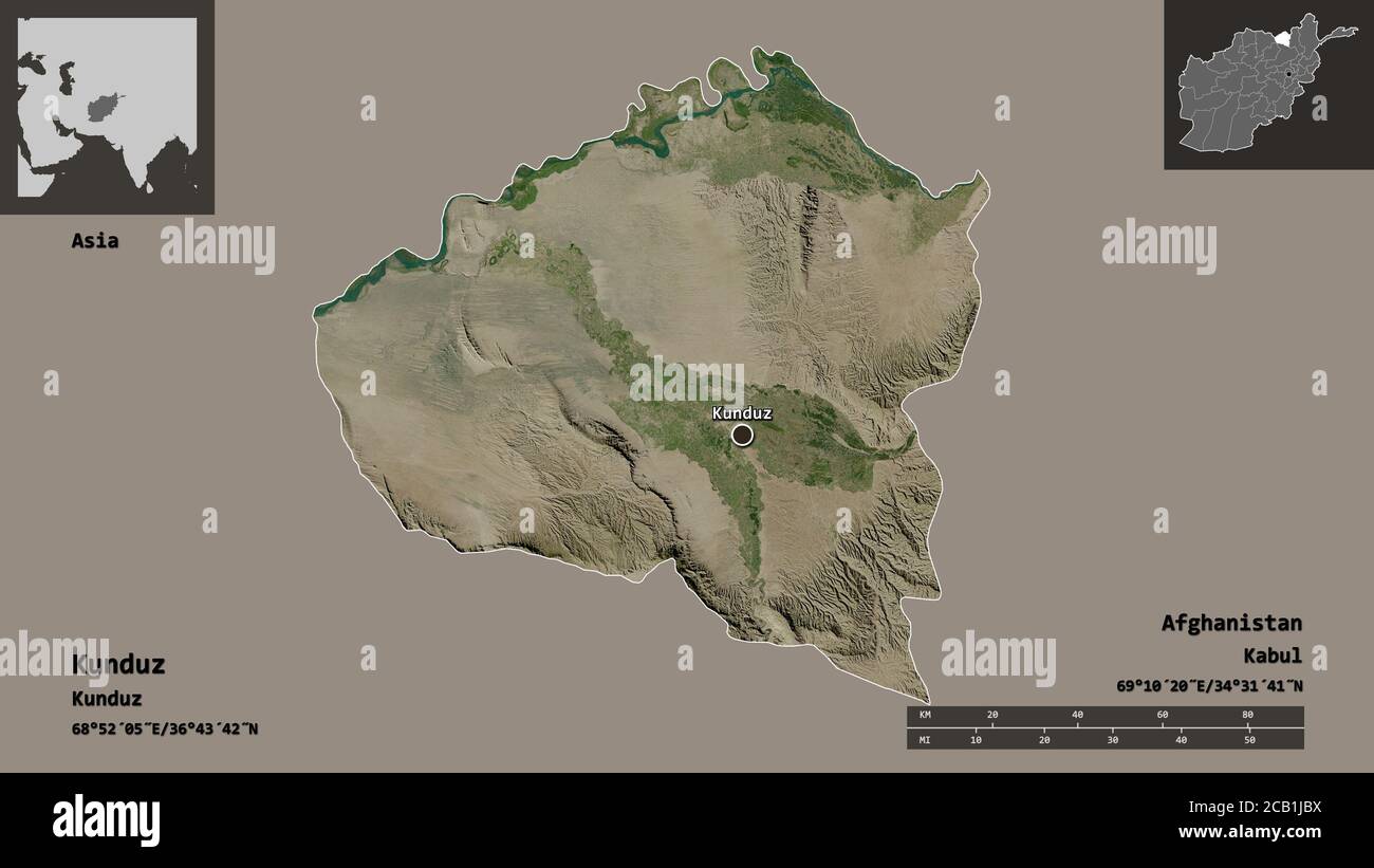 Form von Kunduz, Provinz Afghanistan, und seine Hauptstadt. Entfernungsskala, Vorschauen und Beschriftungen. Satellitenbilder. 3D-Rendering Stockfoto