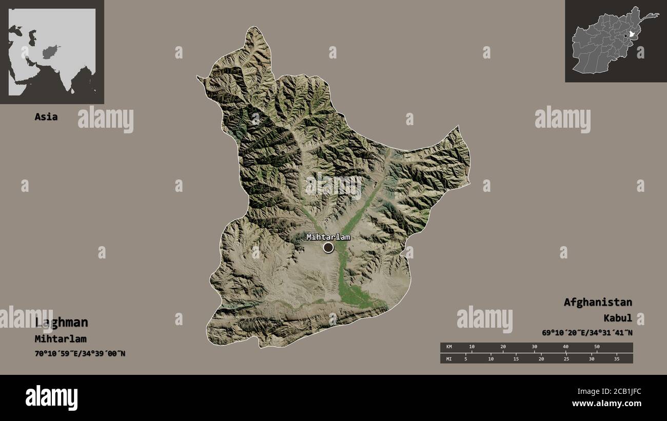 Form von Laghman, Provinz Afghanistan, und seine Hauptstadt. Entfernungsskala, Vorschauen und Beschriftungen. Satellitenbilder. 3D-Rendering Stockfoto