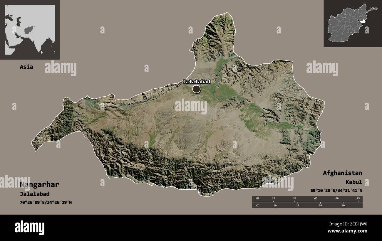 Form von Nangarhar, Provinz Afghanistan, und seine Hauptstadt. Entfernungsskala, Vorschauen und Beschriftungen. Satellitenbilder. 3D-Rendering Stockfoto