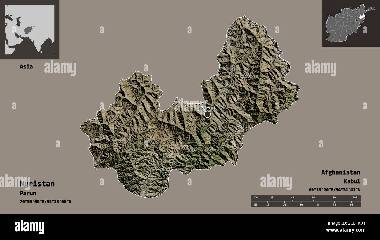 Form von Nuristan, Provinz Afghanistan, und seine Hauptstadt. Entfernungsskala, Vorschauen und Beschriftungen. Satellitenbilder. 3D-Rendering Stockfoto