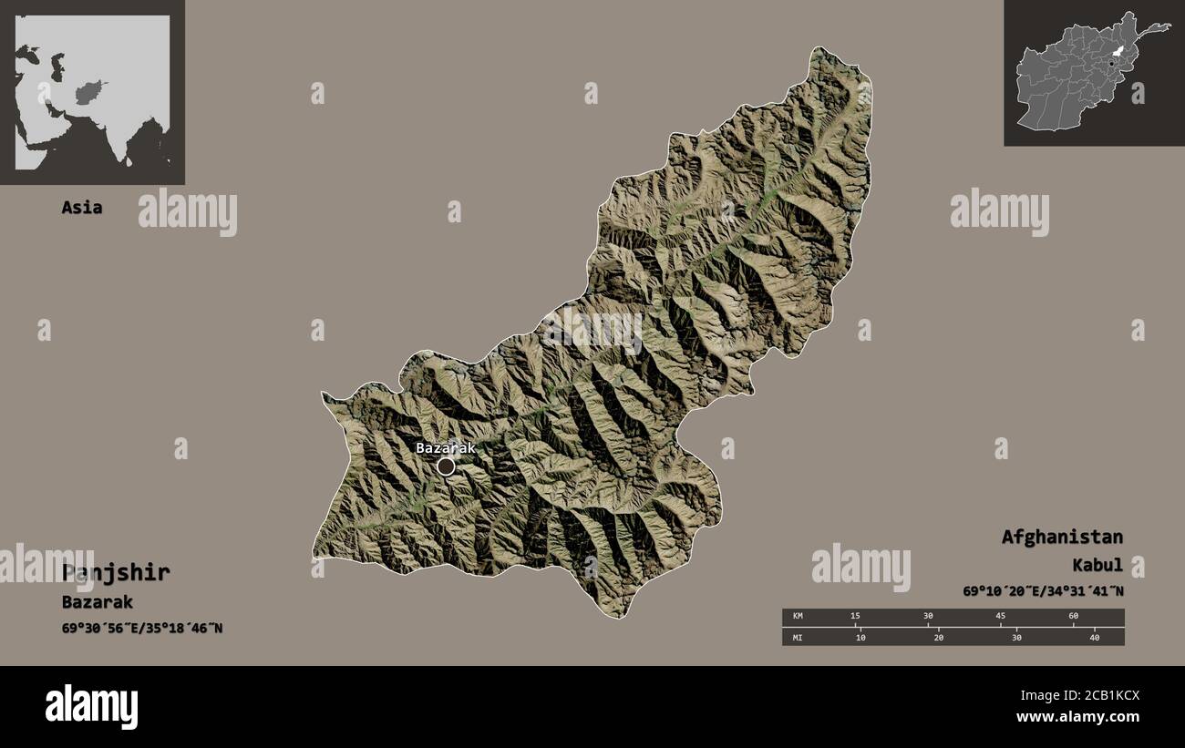 Form von Panjshir, Provinz Afghanistan, und seine Hauptstadt. Entfernungsskala, Vorschauen und Beschriftungen. Satellitenbilder. 3D-Rendering Stockfoto