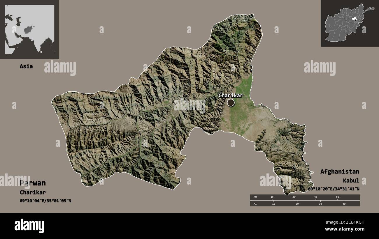 Form von Parwan, Provinz Afghanistan, und seine Hauptstadt. Entfernungsskala, Vorschauen und Beschriftungen. Satellitenbilder. 3D-Rendering Stockfoto