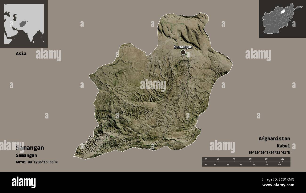 Form von Samangan, Provinz Afghanistan, und seine Hauptstadt. Entfernungsskala, Vorschauen und Beschriftungen. Satellitenbilder. 3D-Rendering Stockfoto