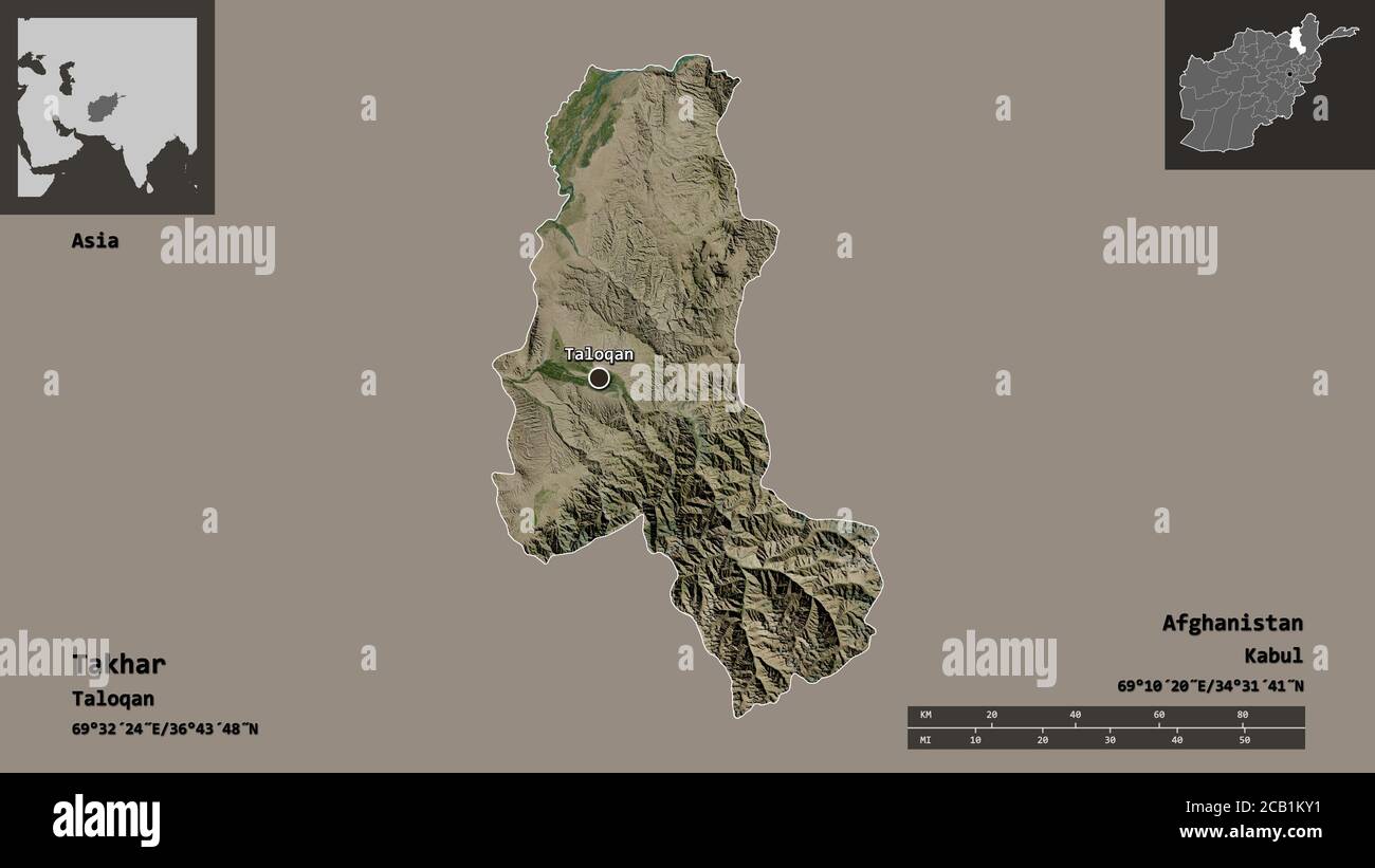 Form von Takhar, Provinz Afghanistan, und seine Hauptstadt. Entfernungsskala, Vorschauen und Beschriftungen. Satellitenbilder. 3D-Rendering Stockfoto