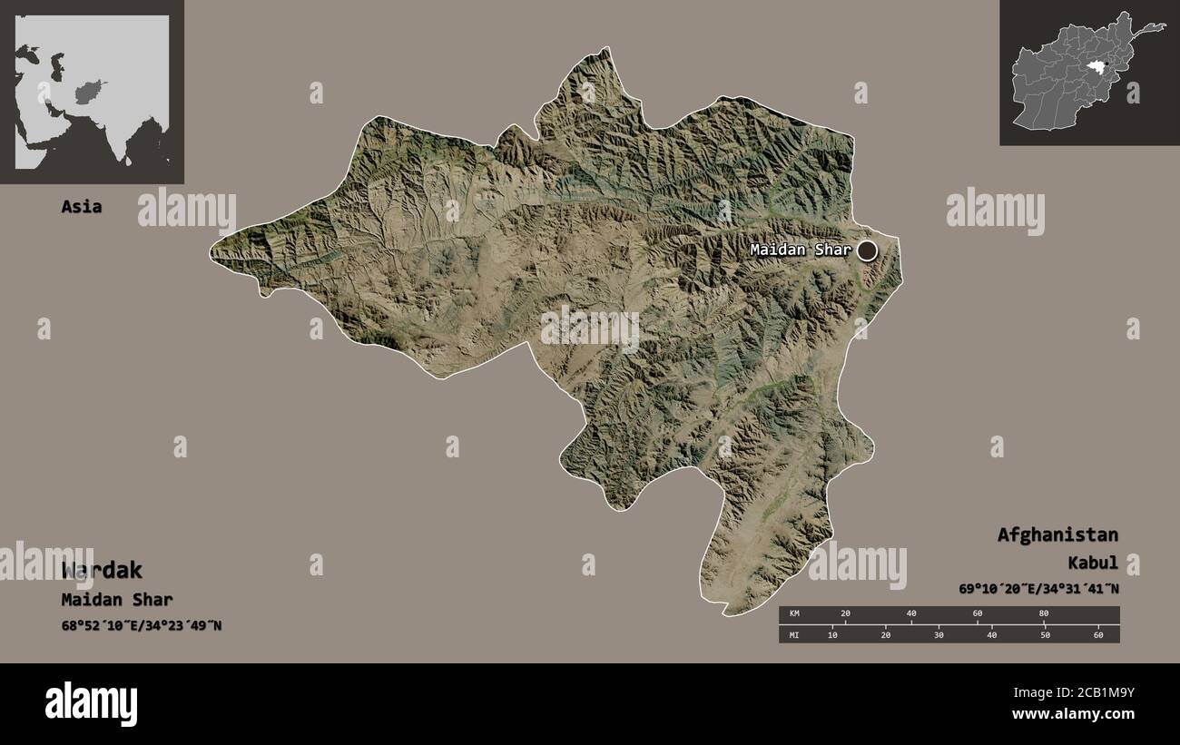 Form von Wardak, Provinz Afghanistan, und seine Hauptstadt. Entfernungsskala, Vorschauen und Beschriftungen. Satellitenbilder. 3D-Rendering Stockfoto